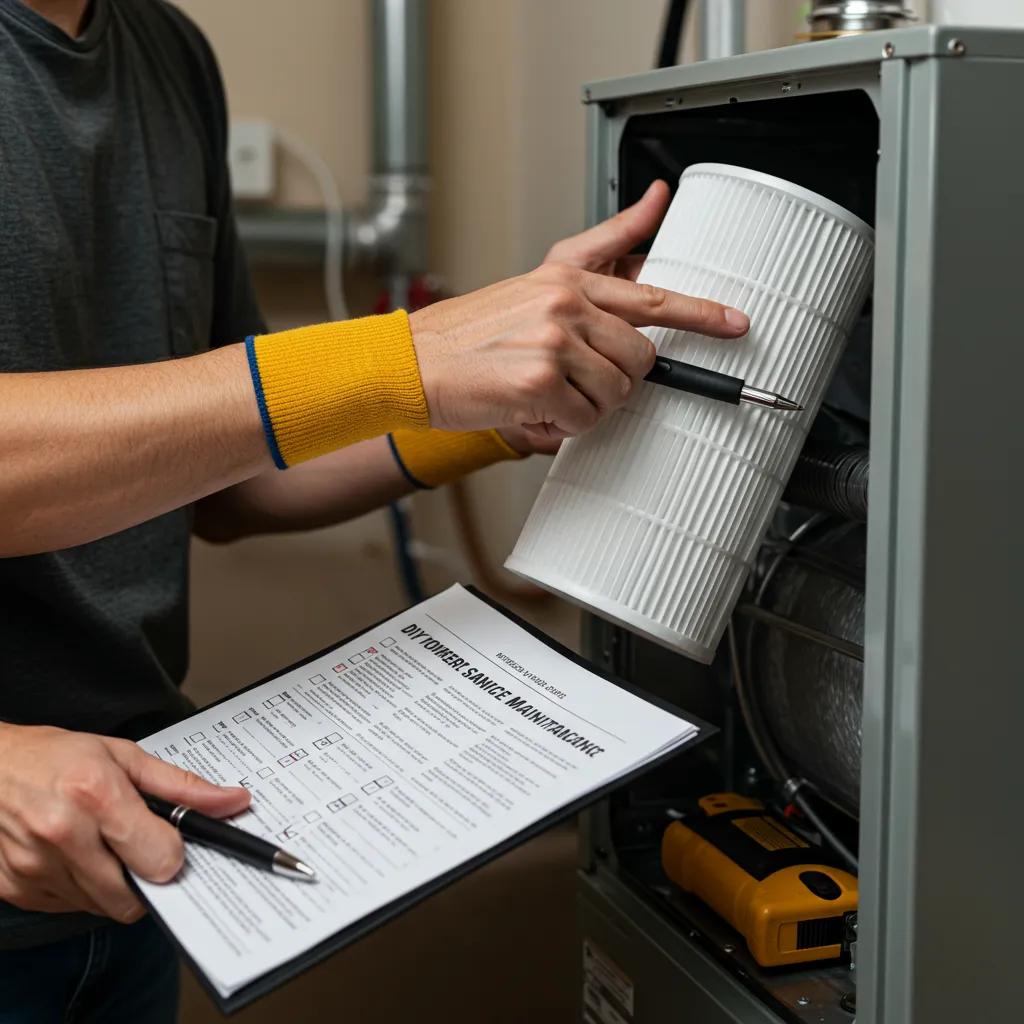 Homeowner changing a furnace filter as part of a DIY maintenance checklist, highlighting proactive care