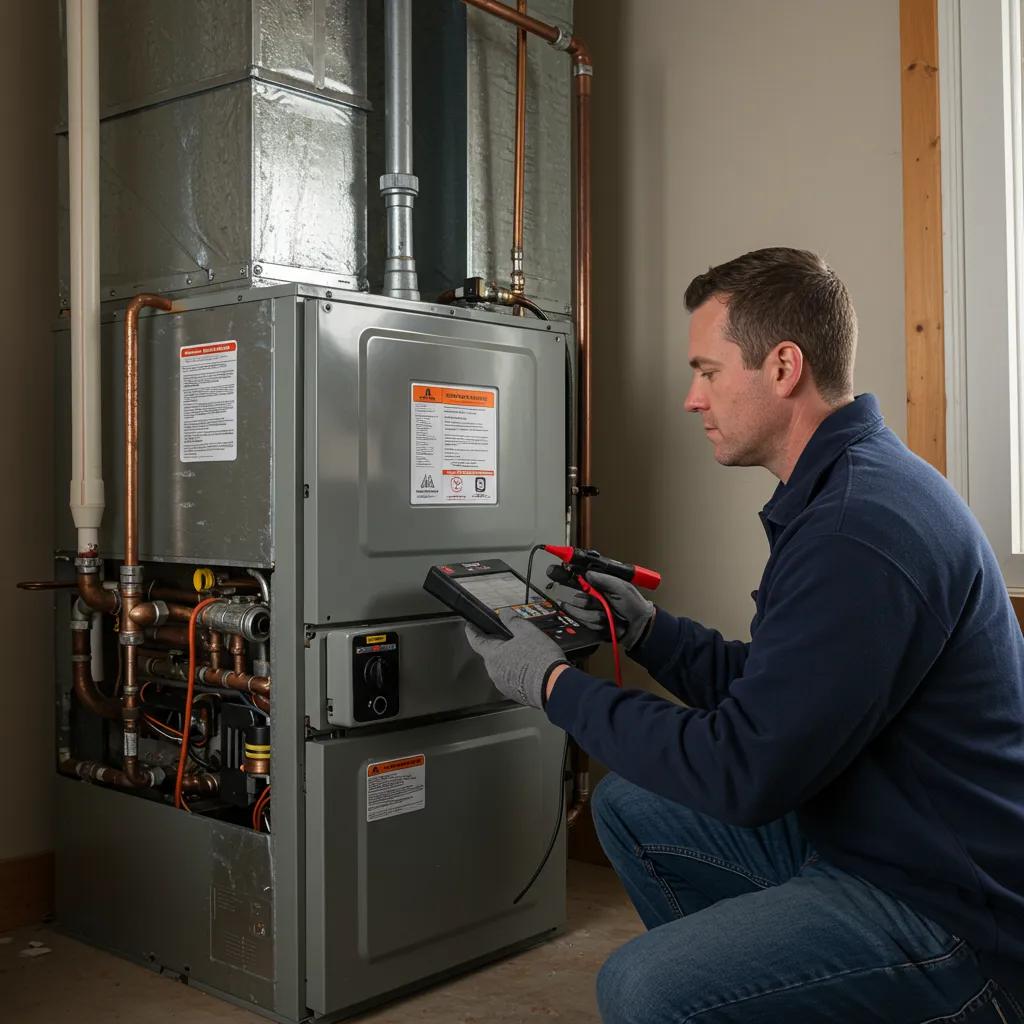 HVAC technician inspecting a furnace during a professional tune-up, showcasing expertise and thoroughness